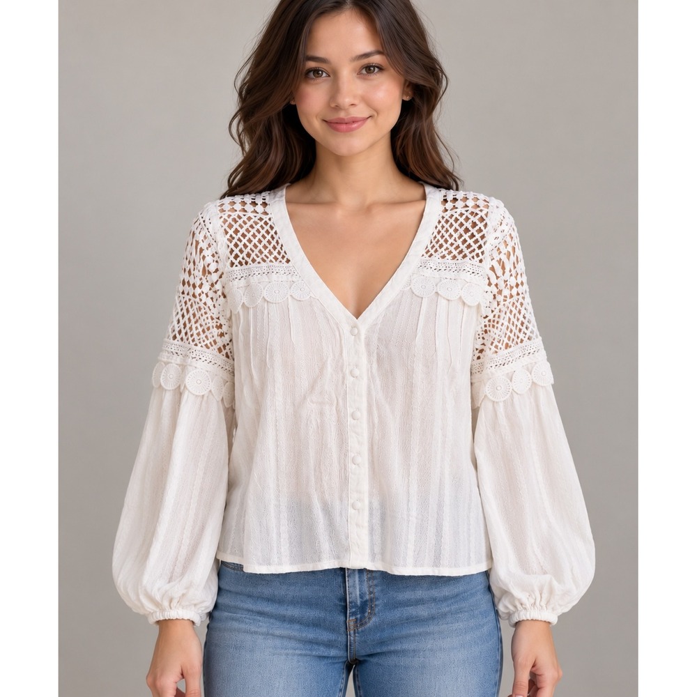 Lulus White Crochet Lace Long Sleeve Button Down Boho Blouse Small